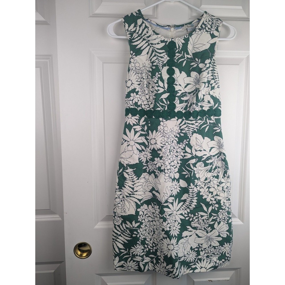 Boden Sheath Dress Crew Neck Embroidery Details White Green Floral size 2P